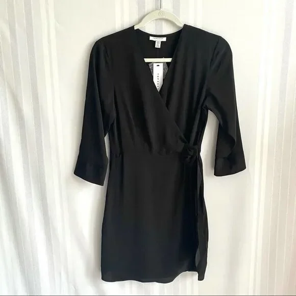 Topshop | Dresses | Topshop34 Sleeve Belted Wrap Minidress Black Size 4  Small Vneck Party | Poshmark